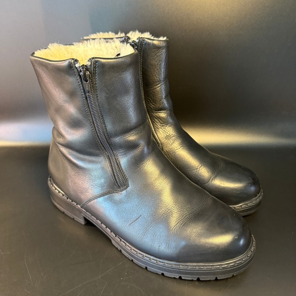 Barbo Black Leather Winter Boots Fur Lined Zip Up Ankle‎ Boots Size 10 - Picture 1 of 7